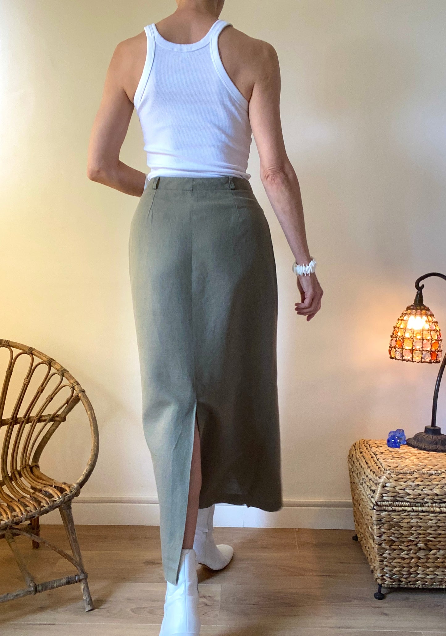 90s Made in France superbe Jupe en lin et coton midi mi-longue fendue Safari style