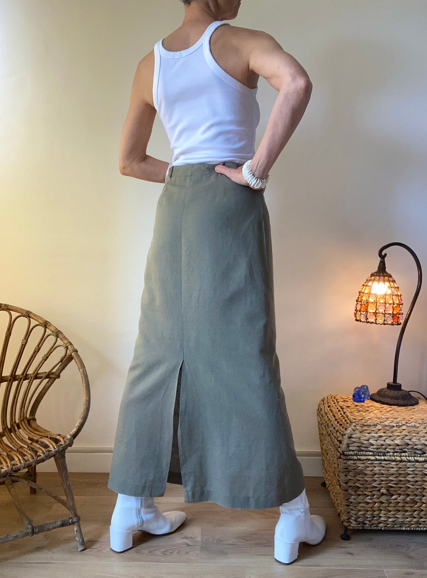 90s Made in France superbe Jupe en lin et coton midi mi-longue fendue Safari style