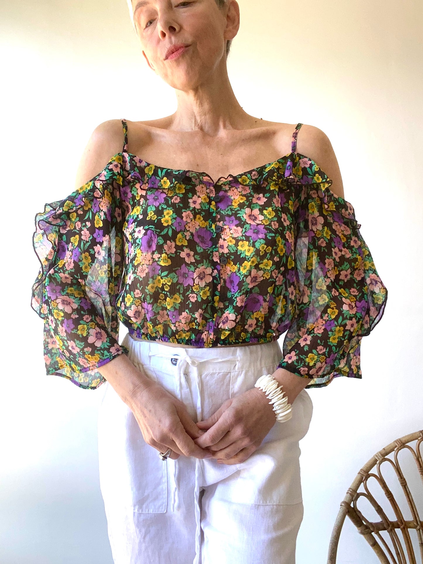 Belle transparente mousseline Blouse crop à volants