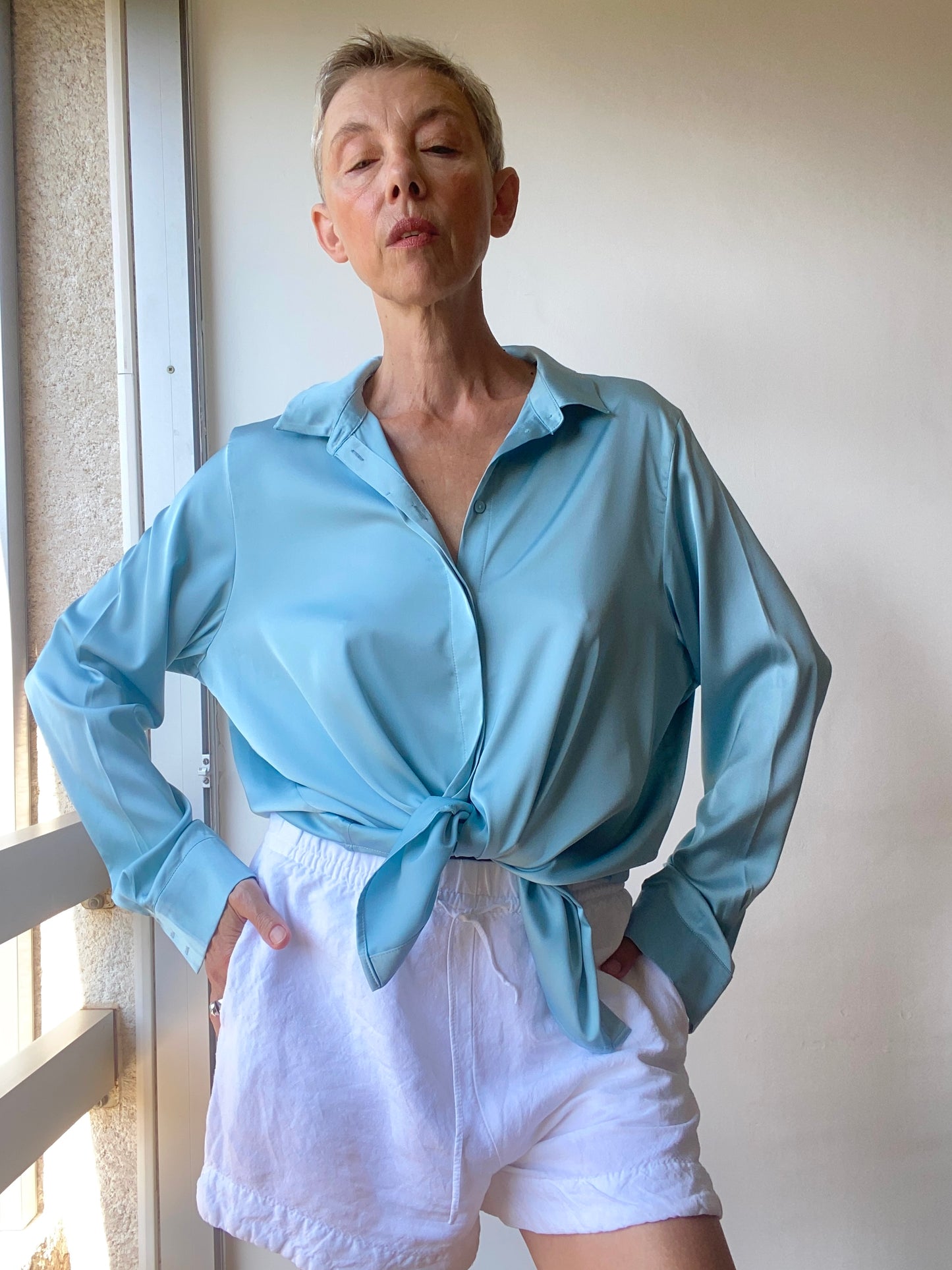Satin Chemise femme couleur vert d'eau chemisier blouse top