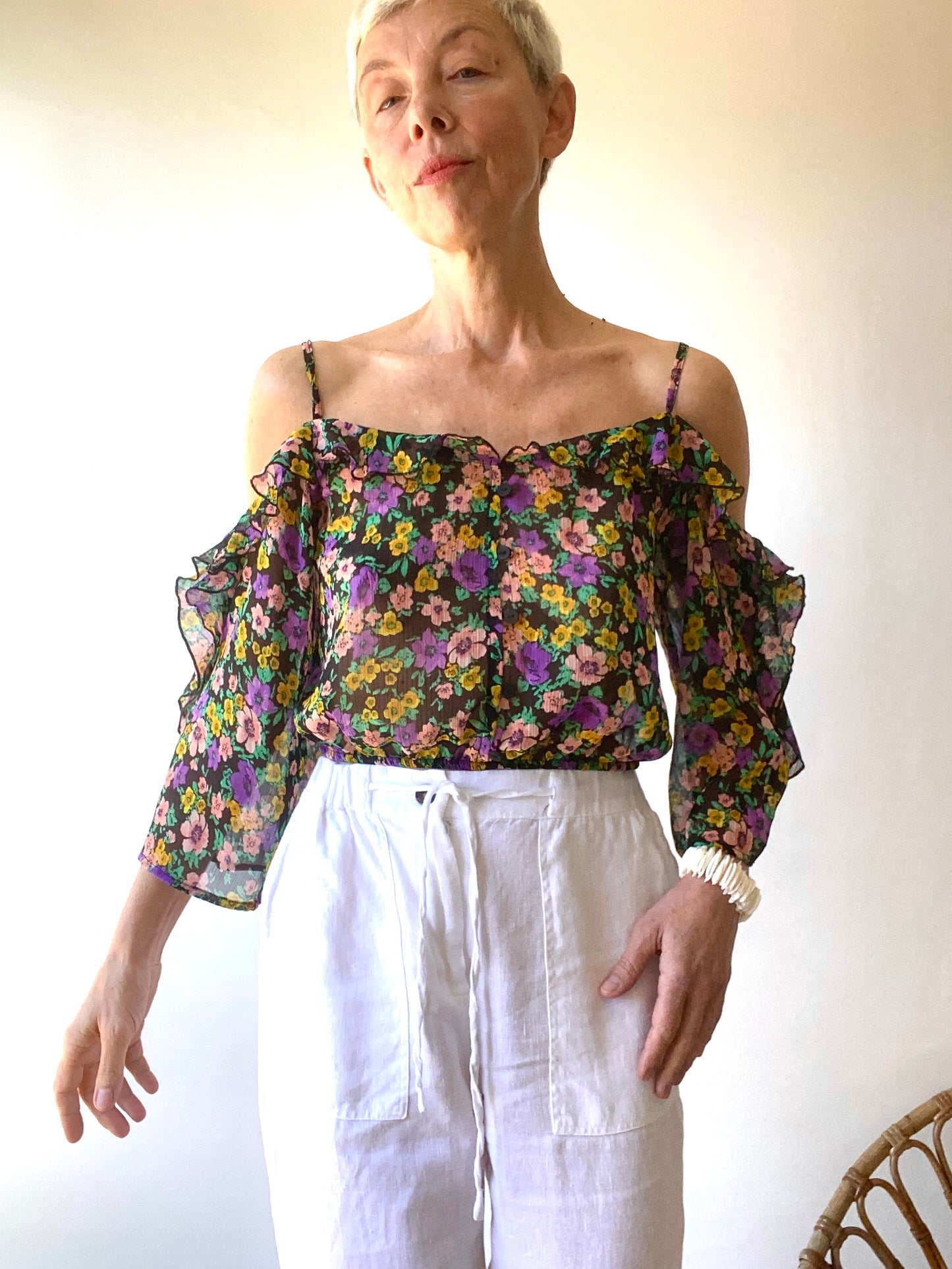 Belle transparente mousseline Blouse crop à volants