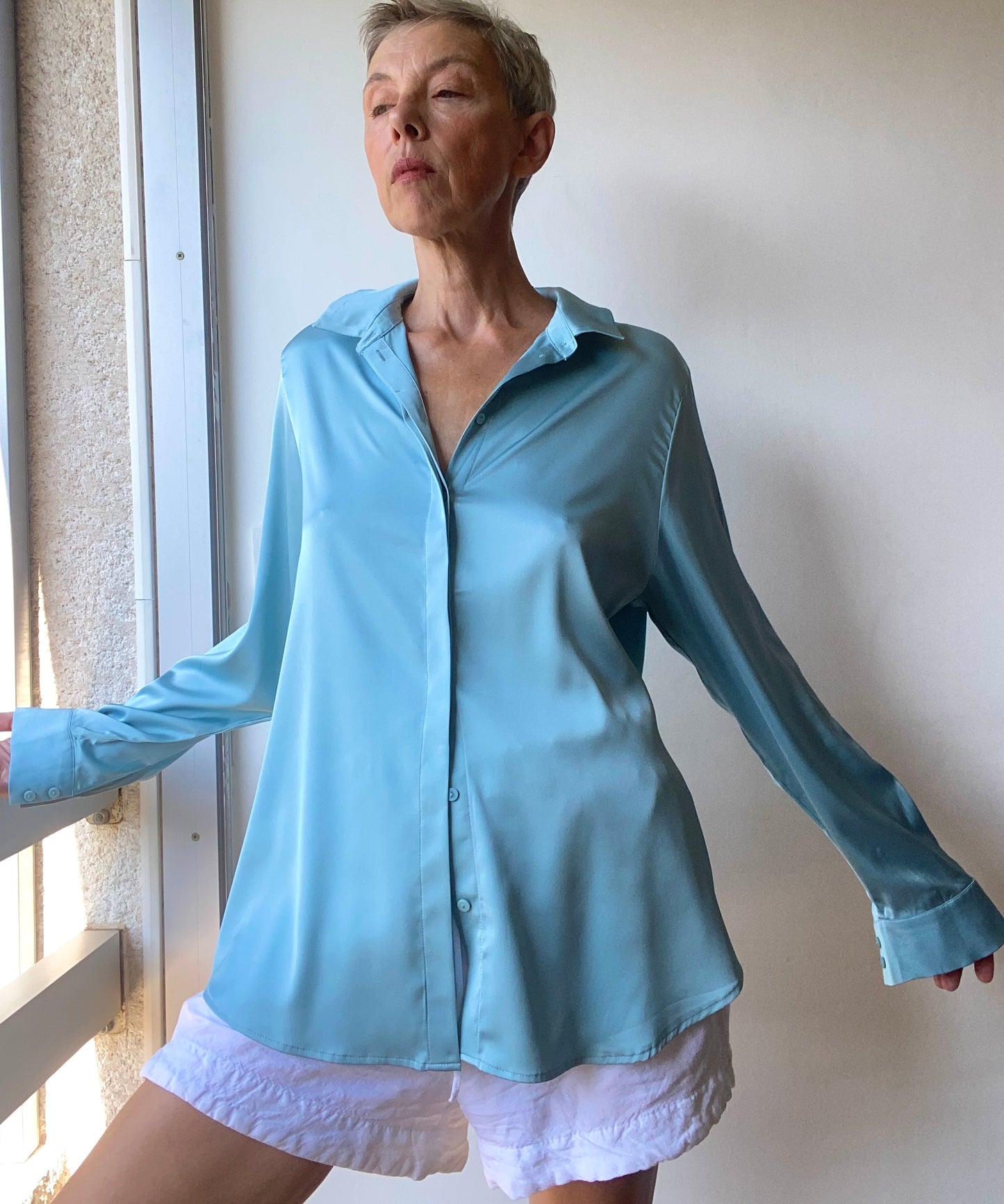 Satin Chemise femme couleur vert d'eau chemisier blouse top