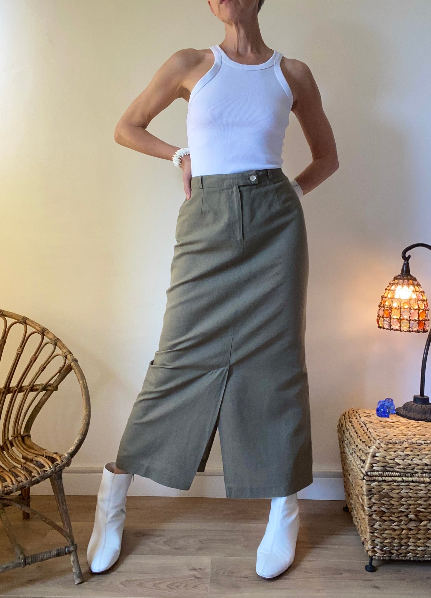 90s Made in France superbe Jupe en lin et coton midi mi-longue fendue Safari style