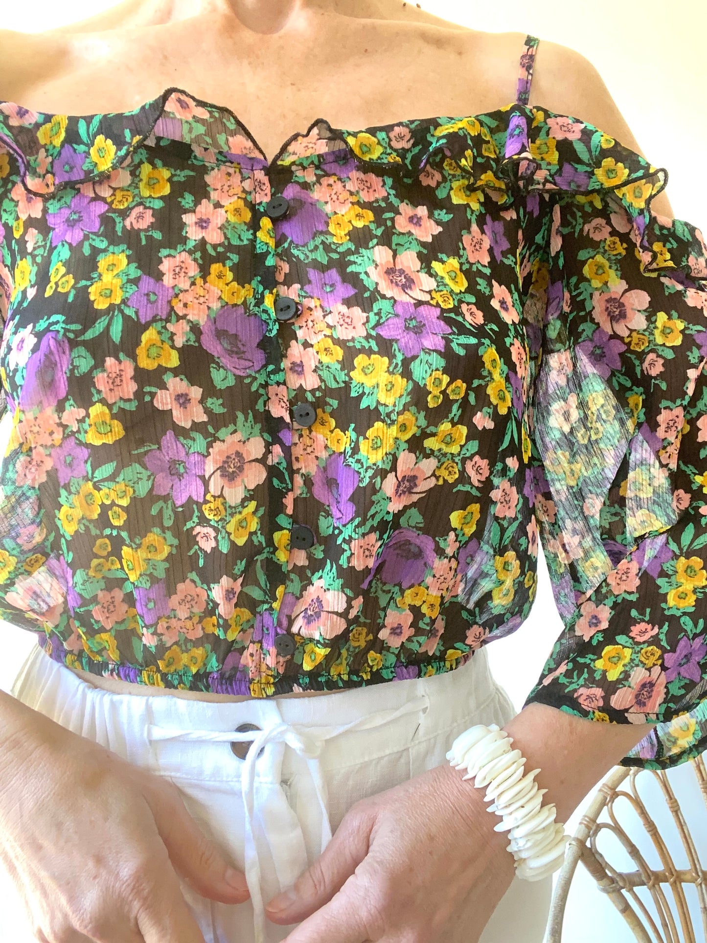 Belle transparente mousseline Blouse crop à volants