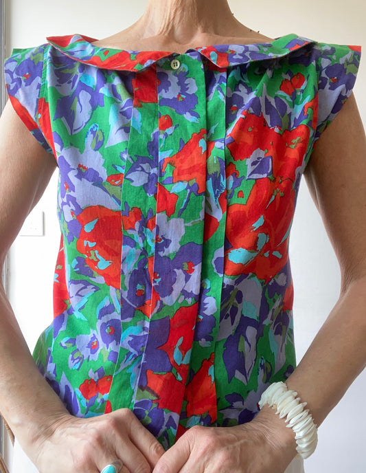 90s Cacharel Paris "La Chemiserie" Ravissant Top floral façon tableau peinture