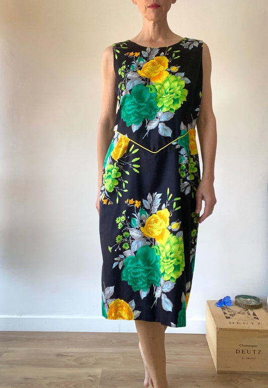 80s Made in France Belle Robe jardin des roses en coton à fleurs géantes Dos ouvert