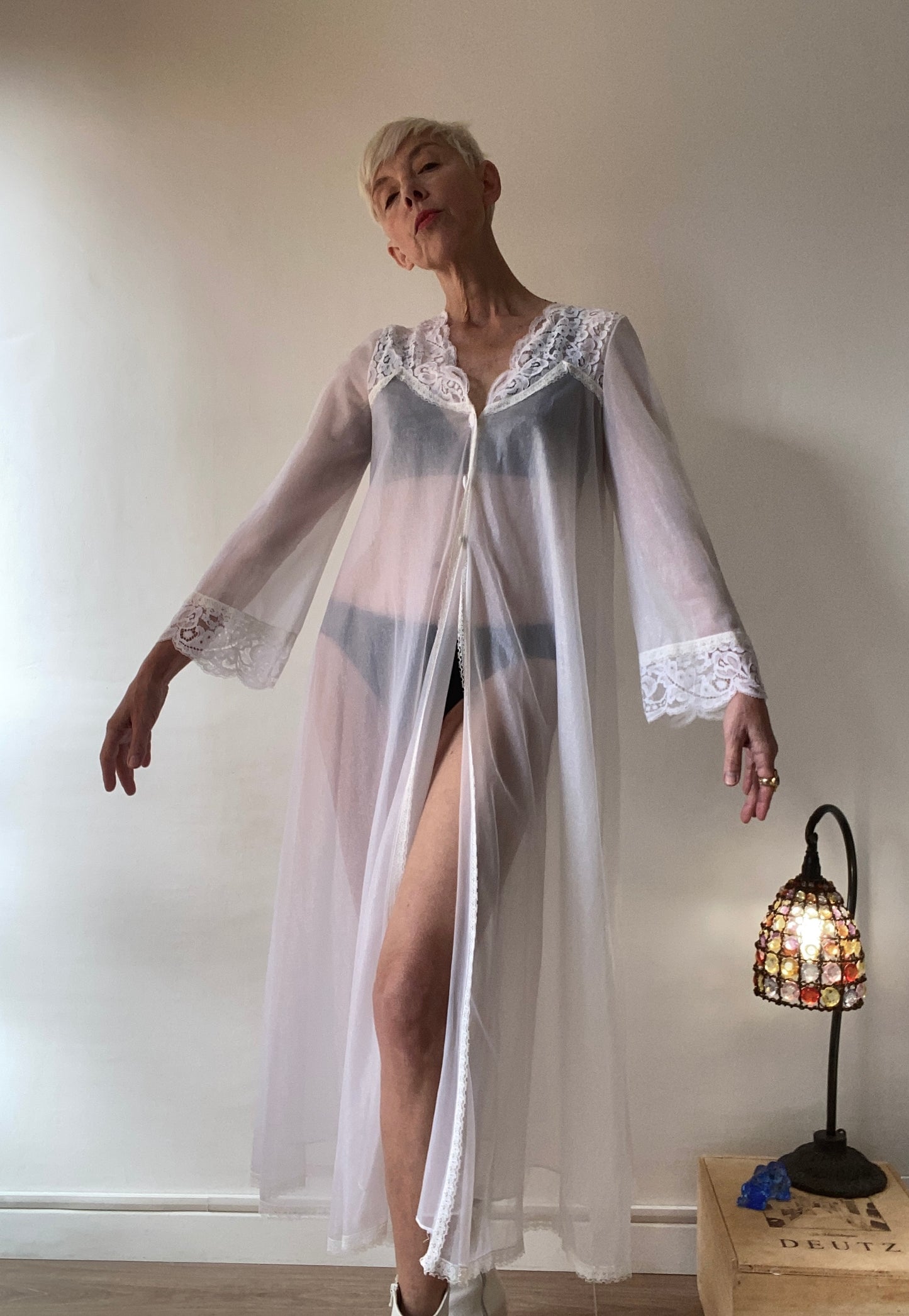 70s "Hélios Lingerie" Bedroom dress Nylon and Lace Made in France