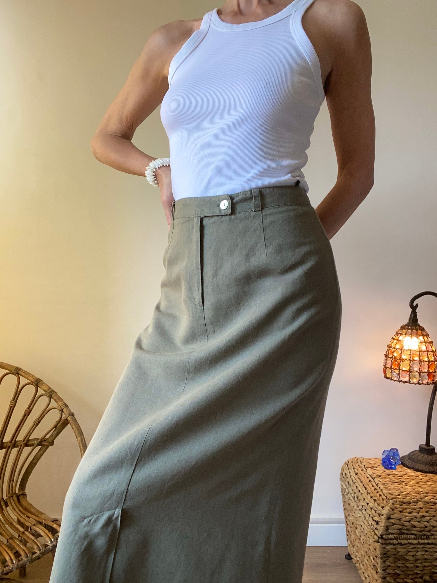 90s Made in France superbe Jupe en lin et coton midi mi-longue fendue Safari style