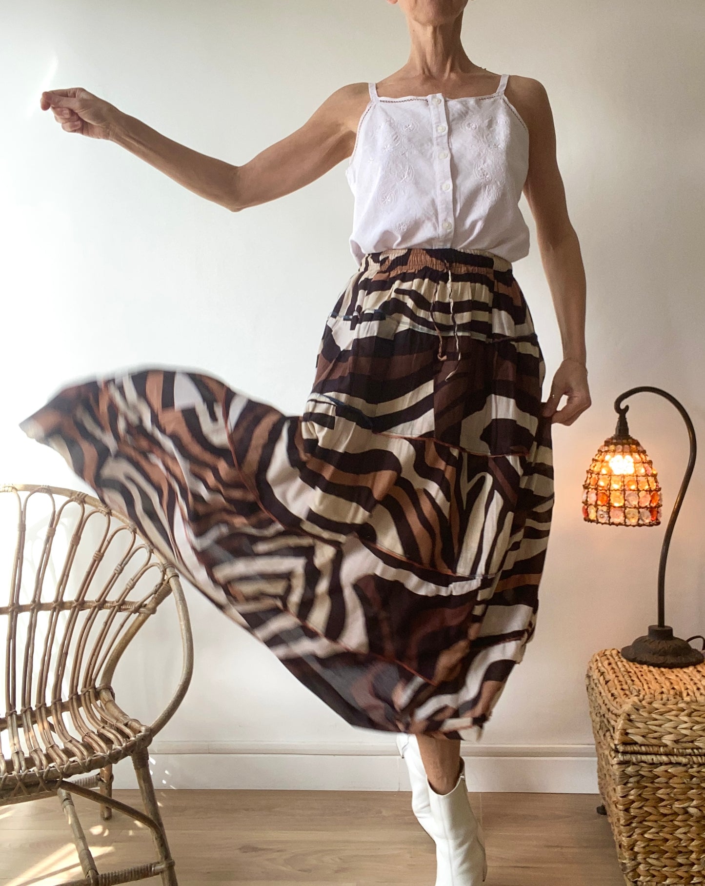 90s Zebra graphic Boho cotton maxi Skirt