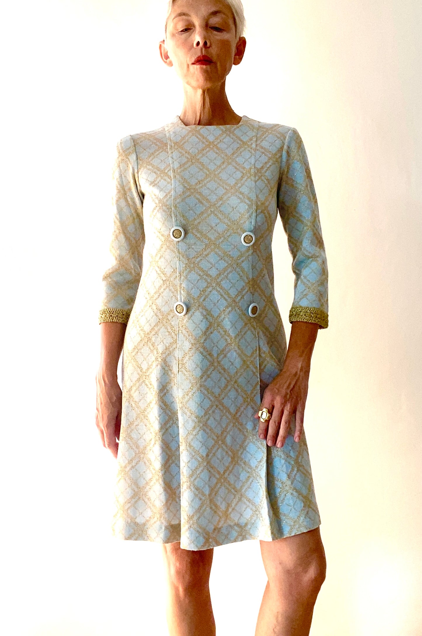 60s Made in France Stunning Blue Gold Dress