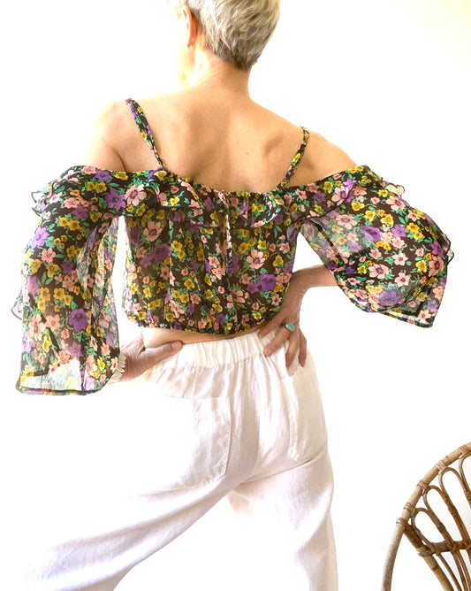 Belle transparente mousseline Blouse crop à volants