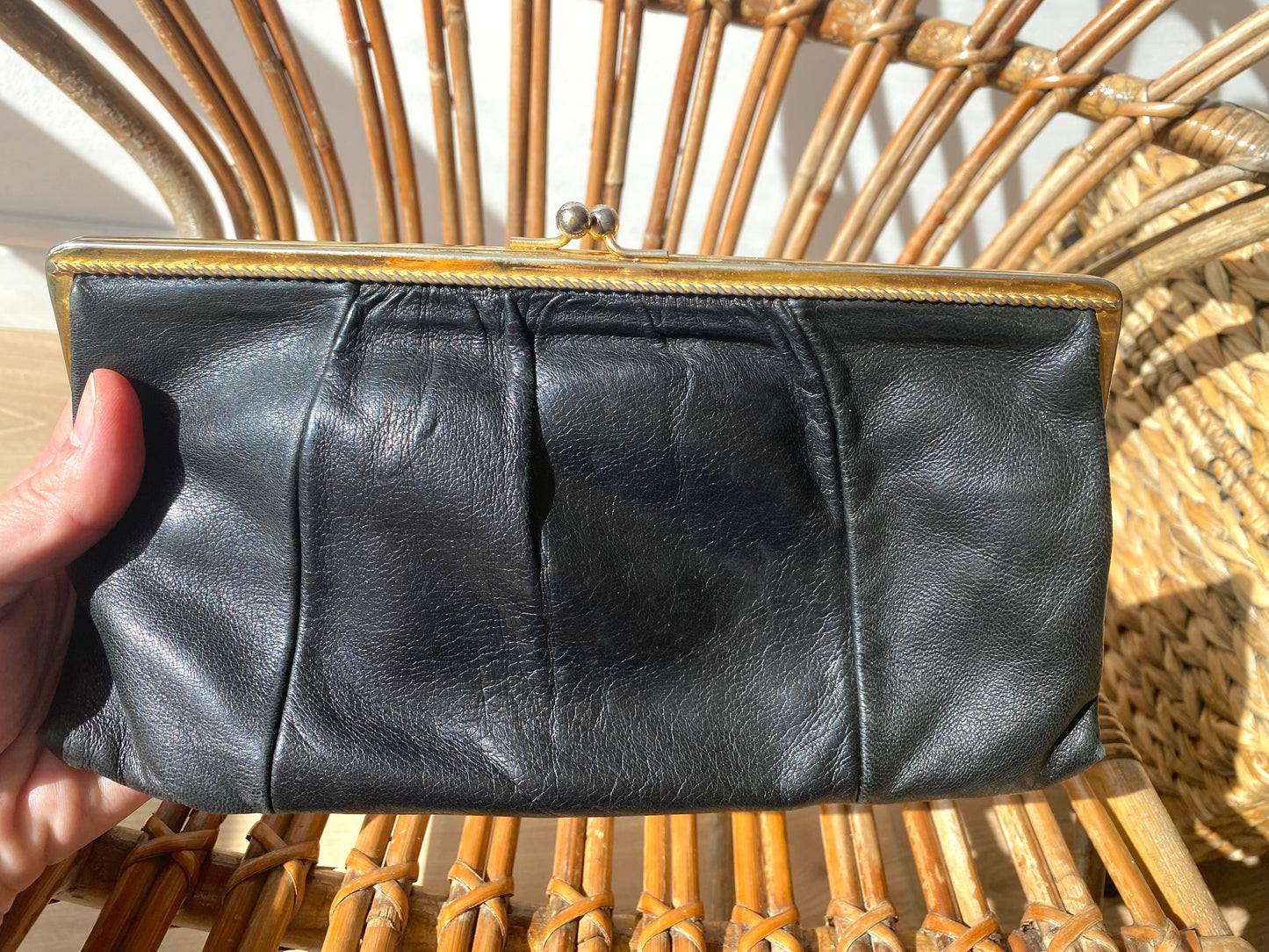 60-70s Leather Black and Gold Clutch bag