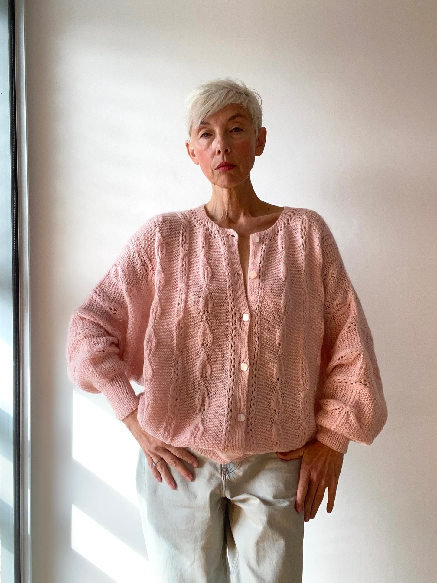 90s Mohair and Wool Baby Pink Hand knitted Cardigan