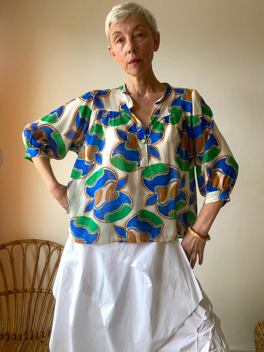 90s Belle Blouse folk en voile de coton