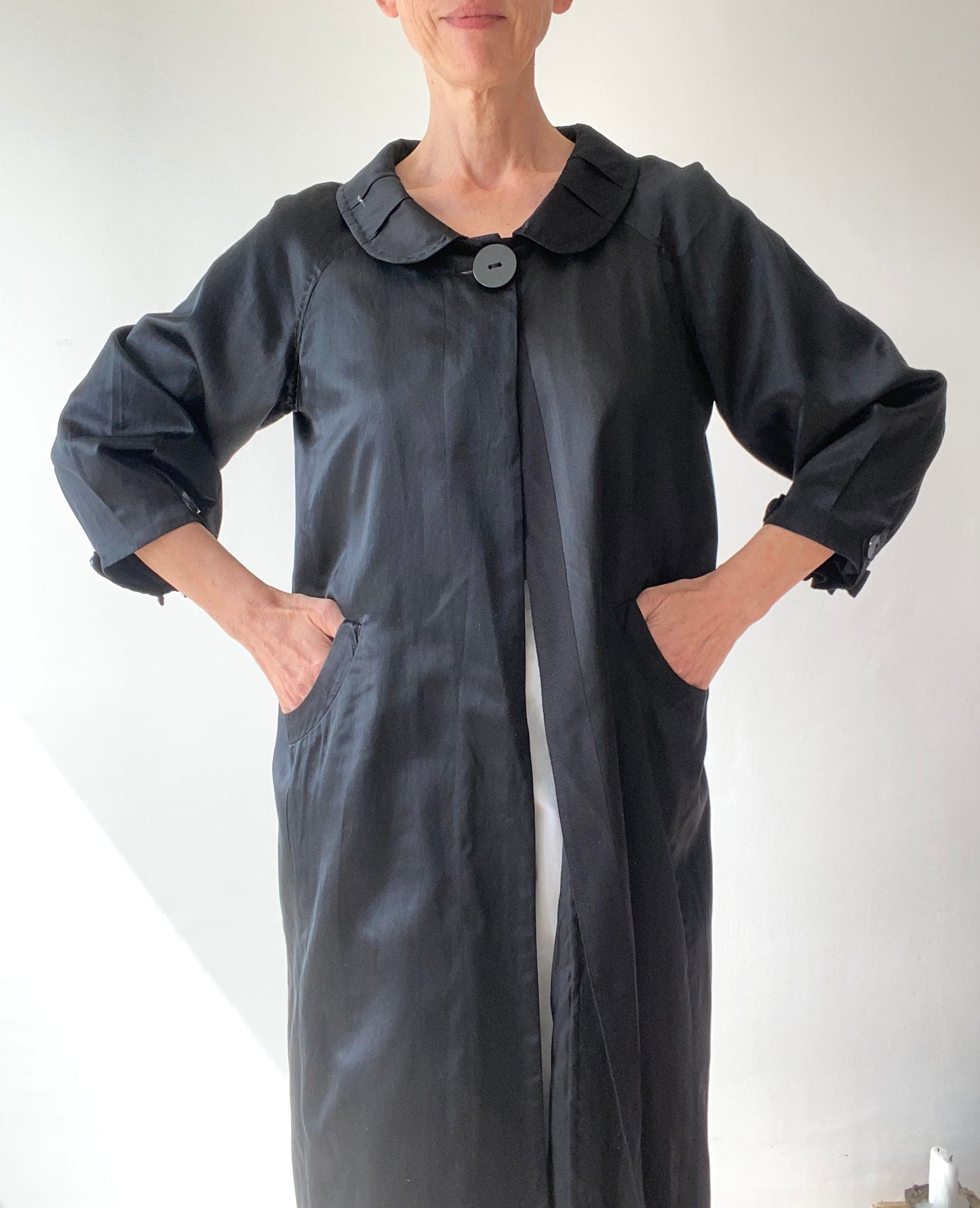 90s Black Silk and Cotton Pan collar Coat