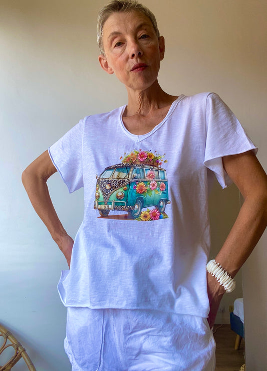 Fun top avec Van vintage bohème à fleurs léopard print voiture