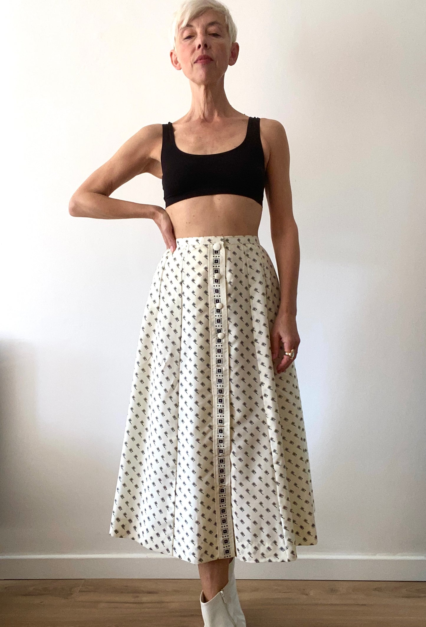 70s Designer Skirt Buttoned Front Graphic Print