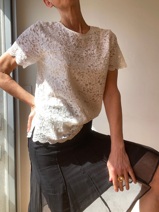 90s Cream romantic Lace Top