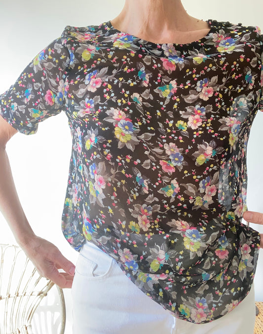 90s Trasparent flowers Nice colors sheer Top