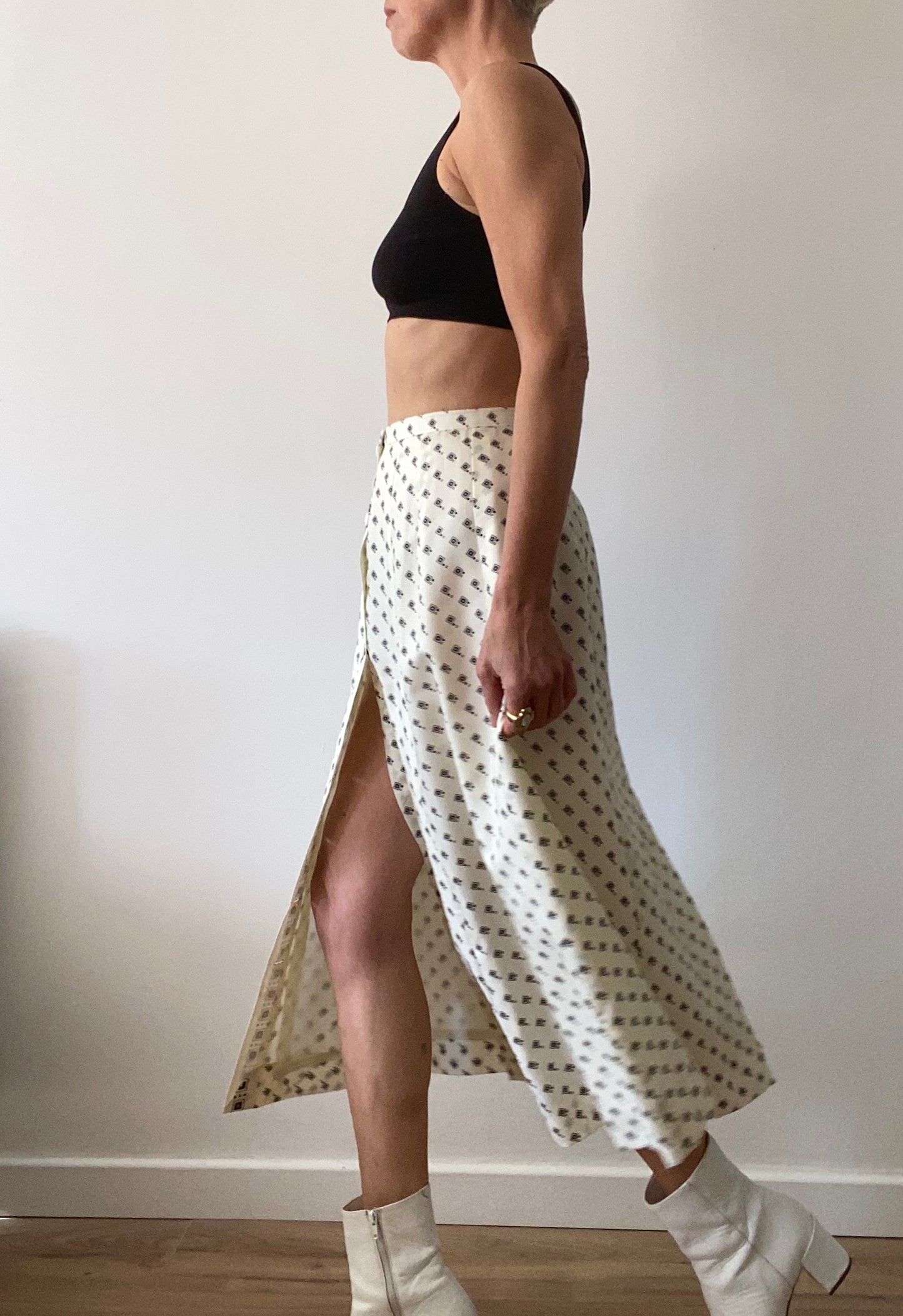 70s Designer Skirt Buttoned Front Graphic Print