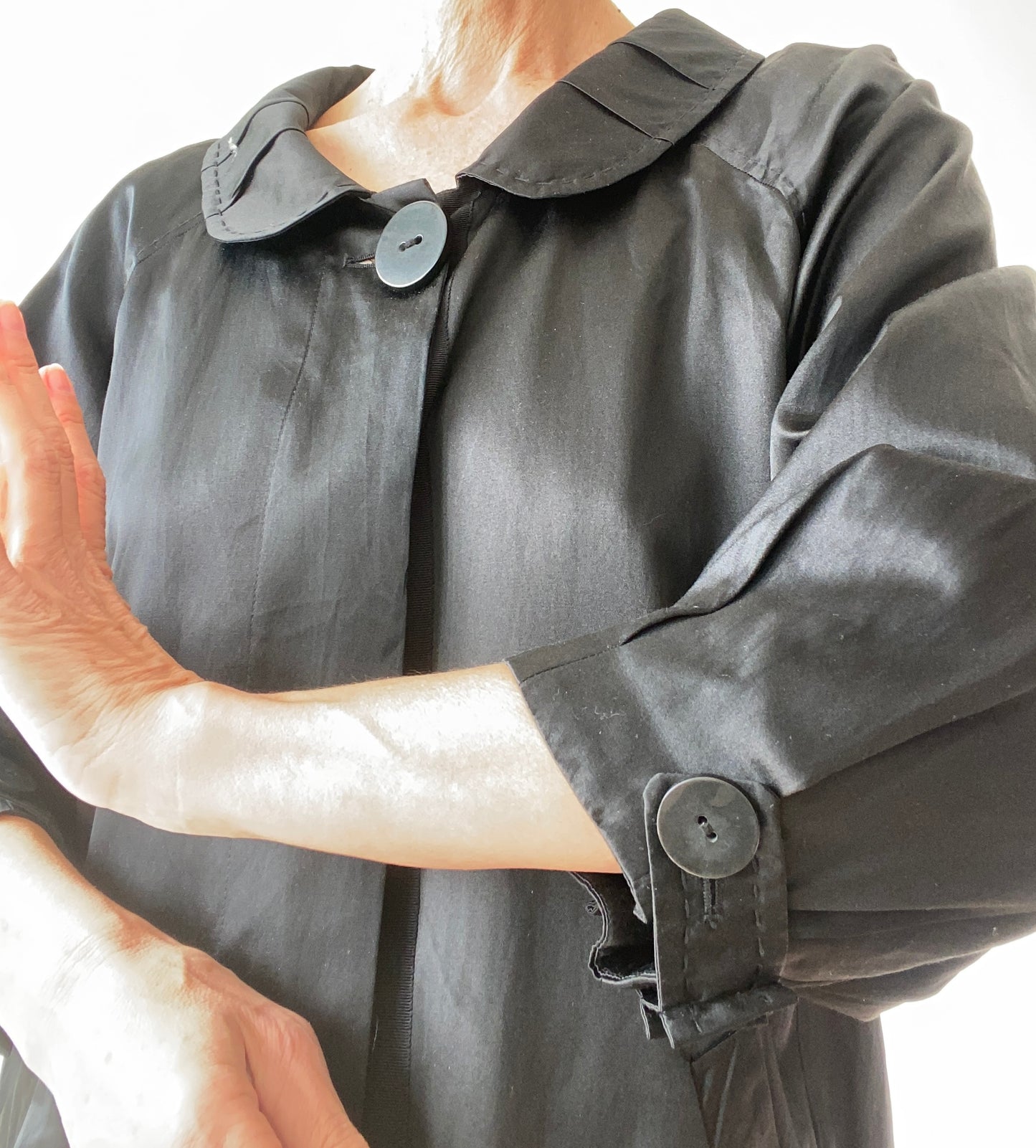 90s Black Silk and Cotton Pan collar Coat