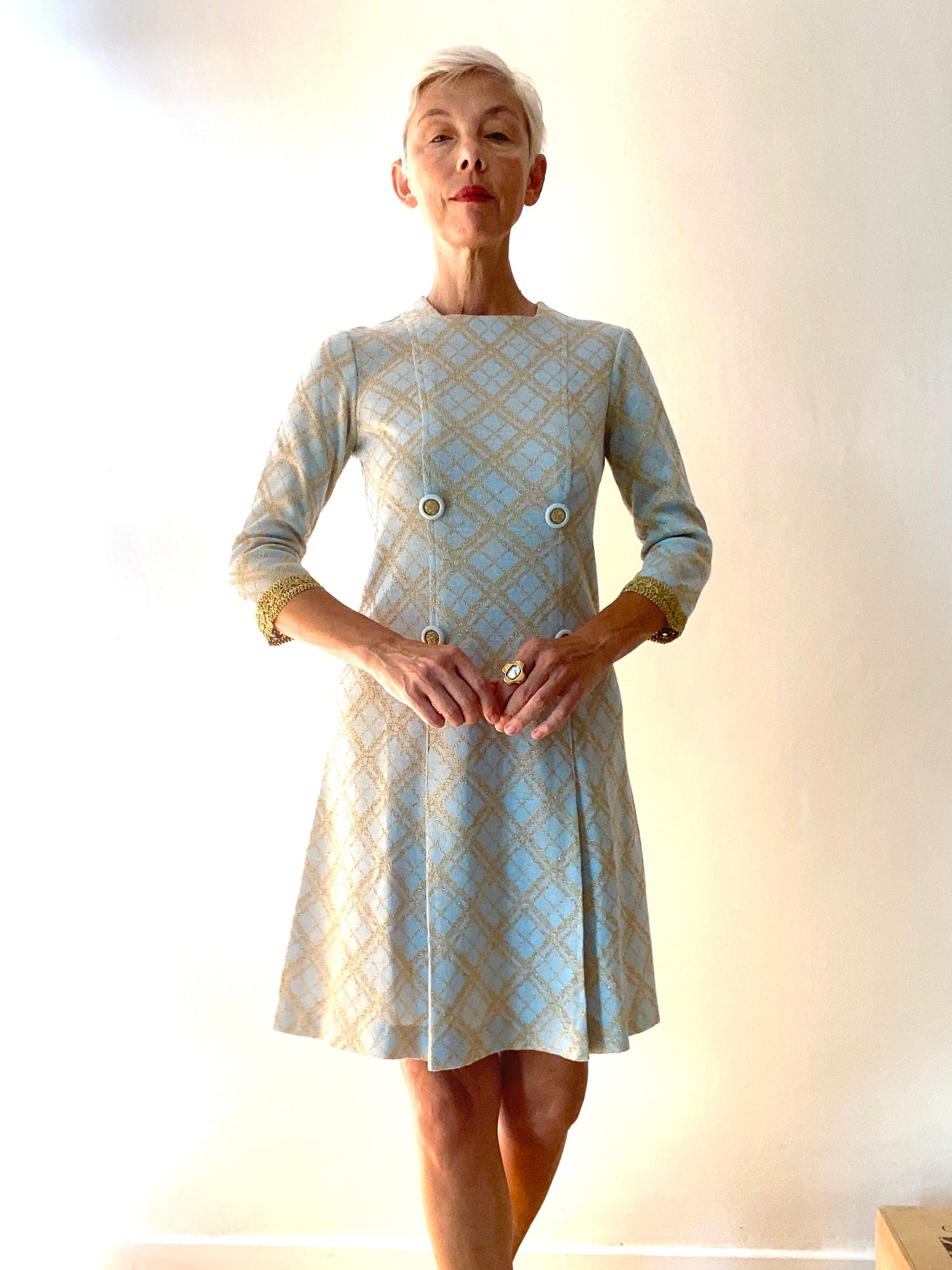 60s Made in France Stunning Blue Gold Dress