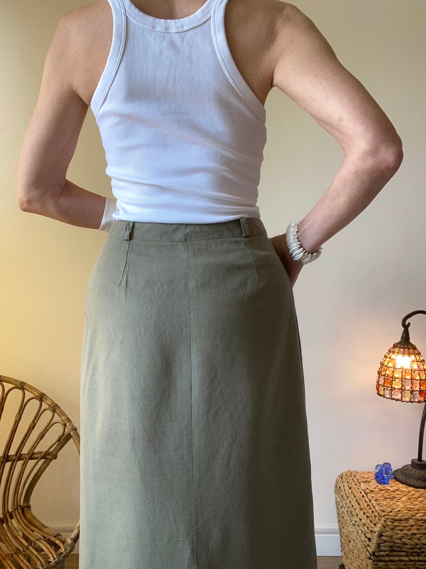 90s Made in France superbe Jupe en lin et coton midi mi-longue fendue Safari style