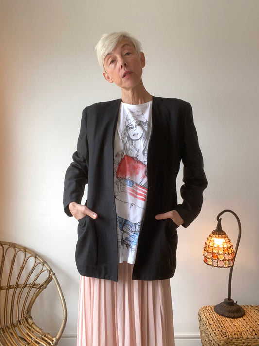 80s Black chic linen blend blazer made in France