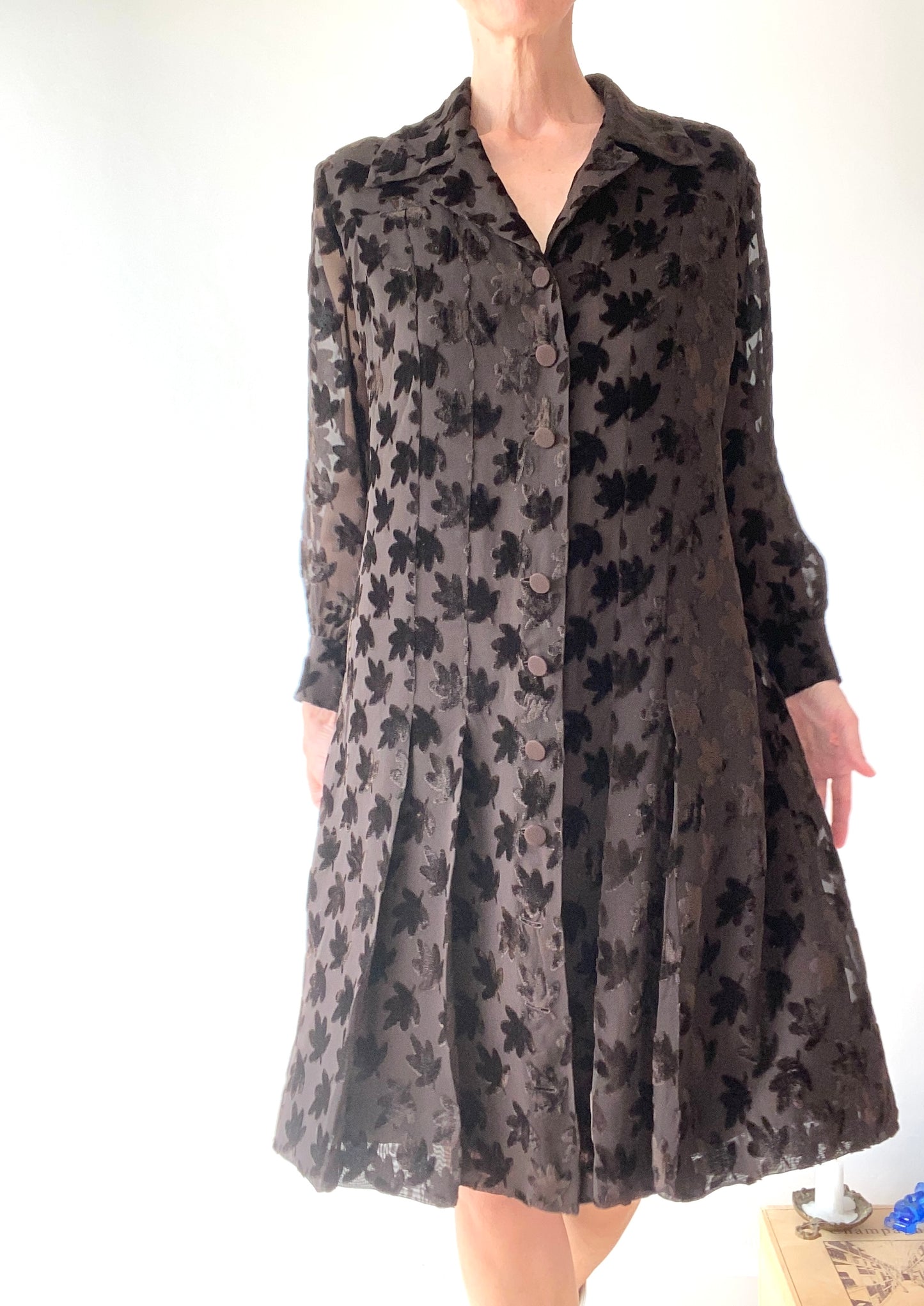 60s French Riviera Tailor made Devoured Velvet and Chiffon Silk Buttoned Dress