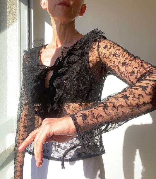 90s Anne Fontaine Lace and Tulle Embroidered Black Beauty