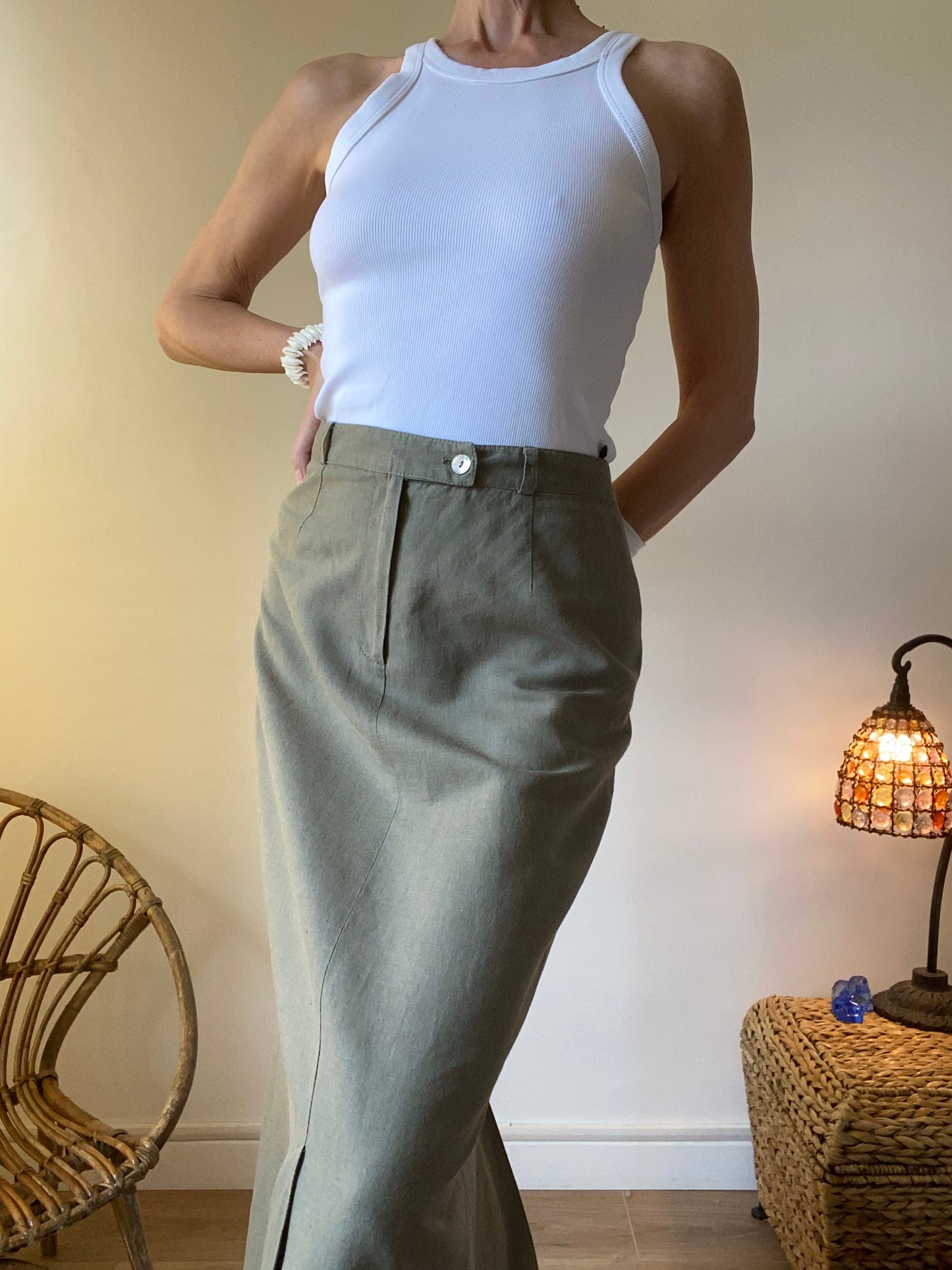 90s Made in France superbe Jupe en lin et coton midi mi-longue fendue Safari style