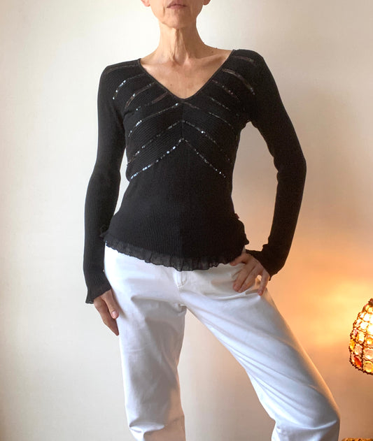 90s Christian Lacroix Black + Sequins Ribbed Top Pullover