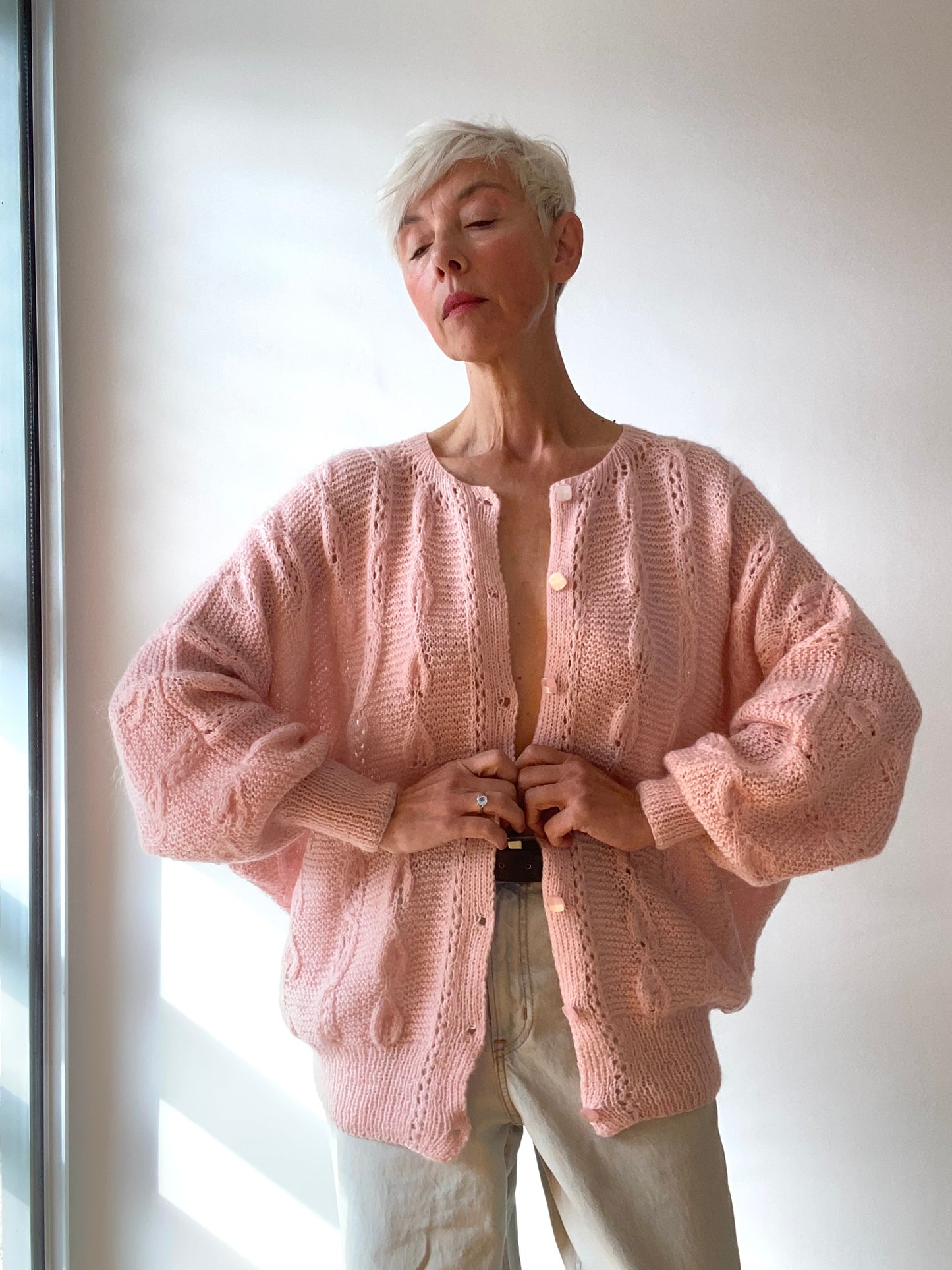 90s Mohair and Wool Baby Pink Hand knitted Cardigan