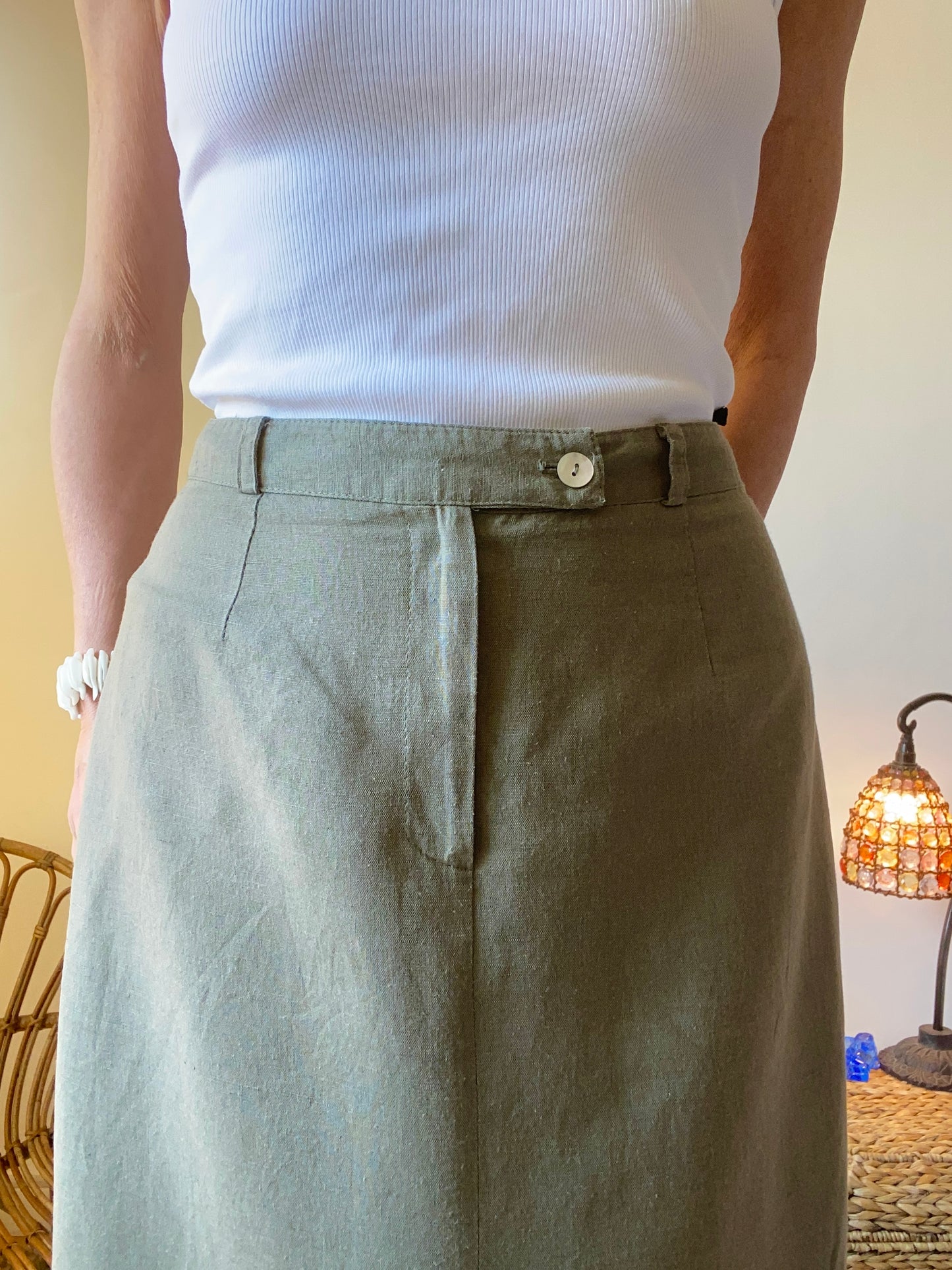 90s Made in France superbe Jupe en lin et coton midi mi-longue fendue Safari style