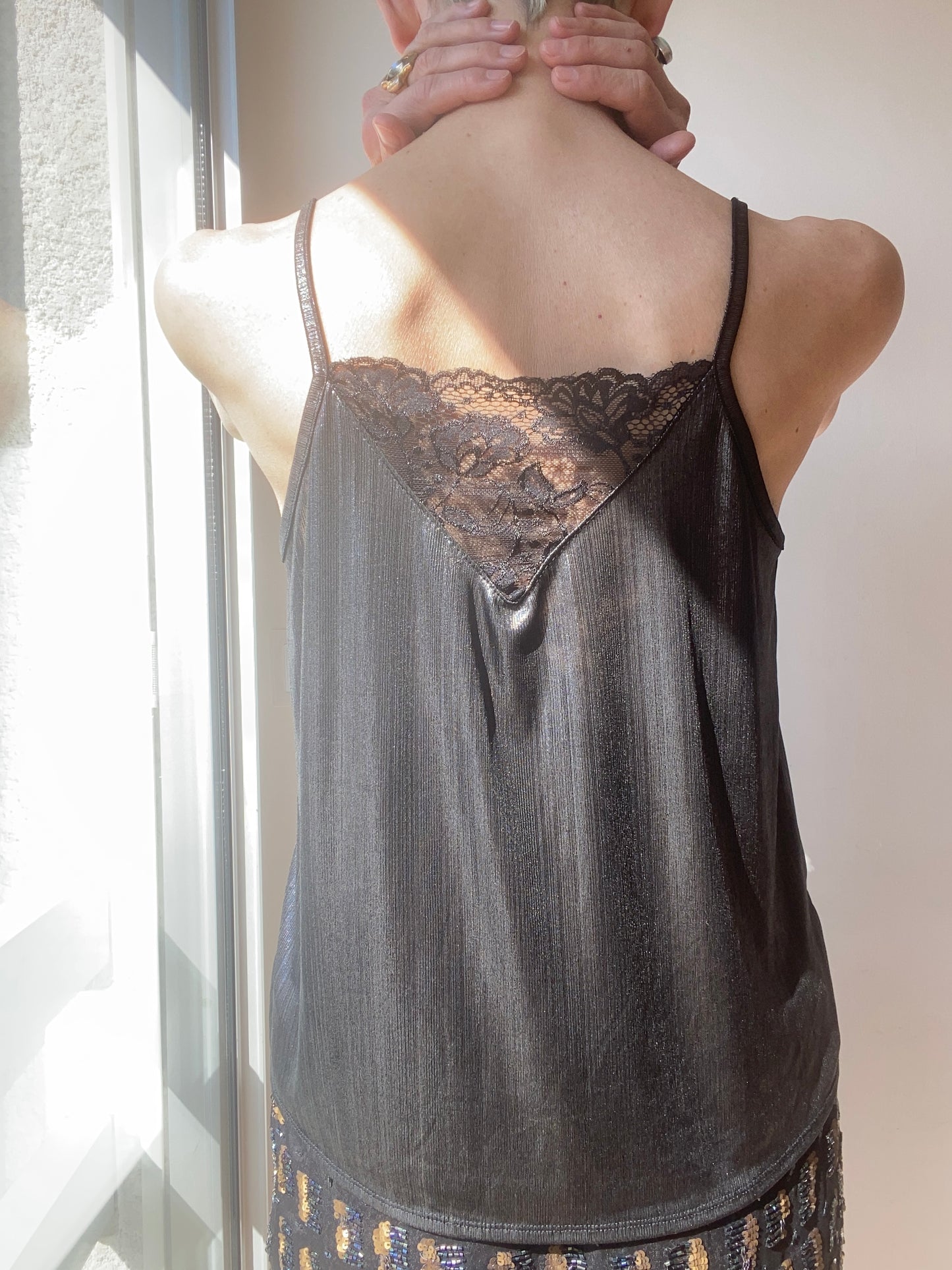 90s Charming Black silver Lace Romantic Camisole