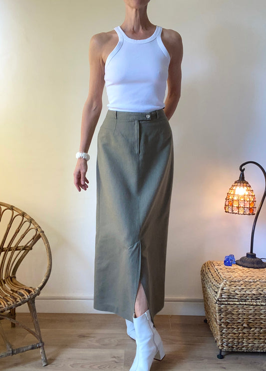 90s Made in France superbe Jupe en lin et coton midi mi-longue fendue Safari style