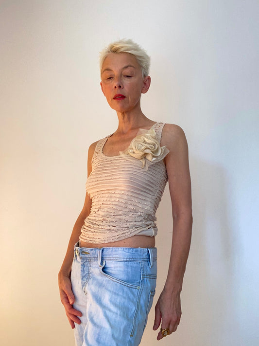 Made in France Superbe Top avec mini-volants Fleur de rose dentelle et perles