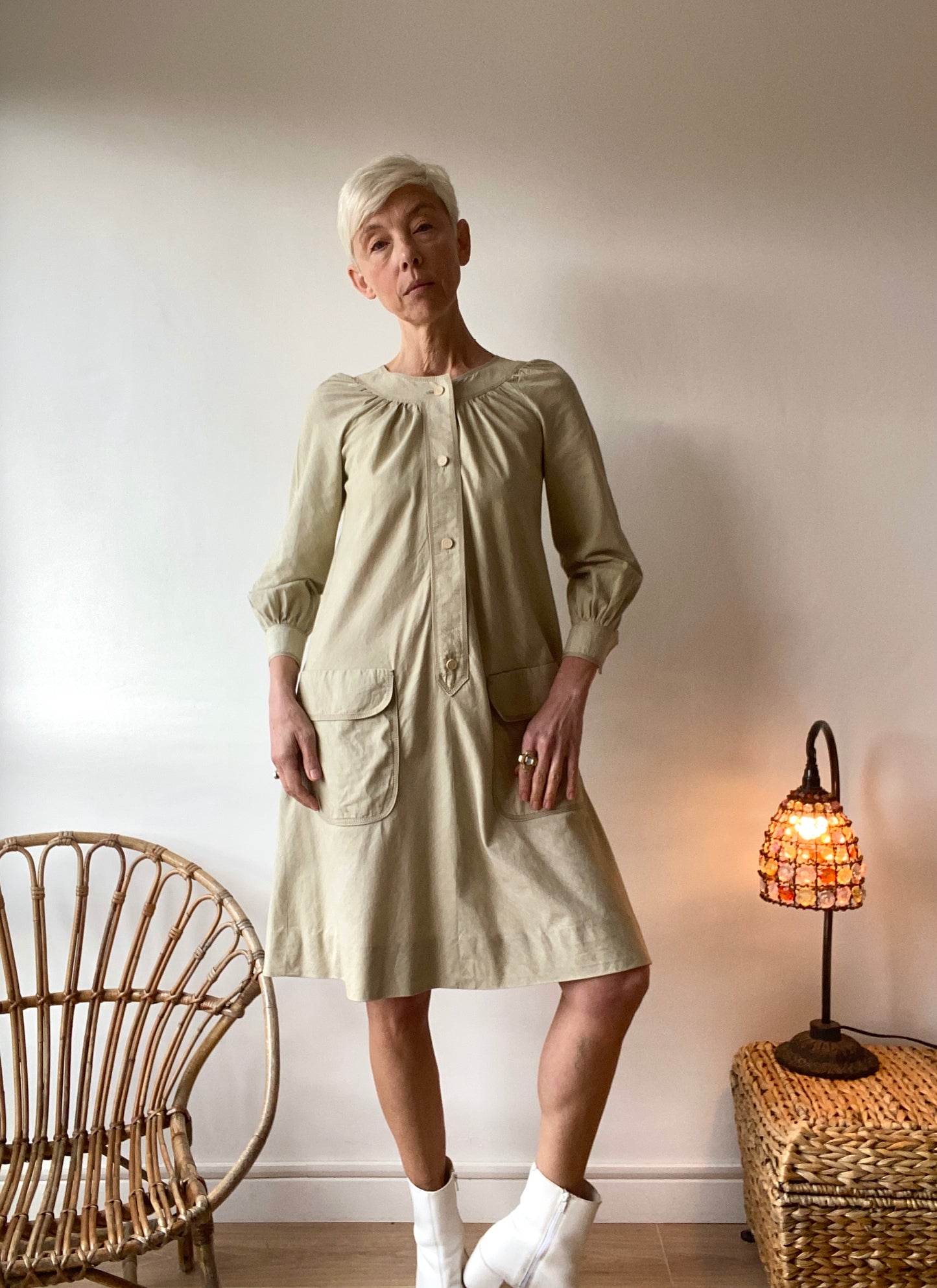 70s Ted Lapidus Amazing Minimalist Almond green Pastel Dress