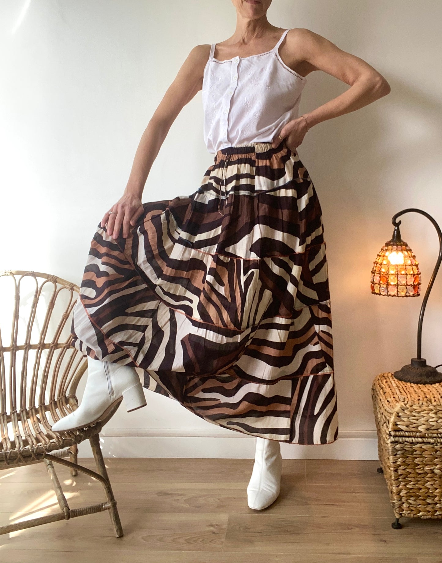 90s Zebra graphic Boho cotton maxi Skirt