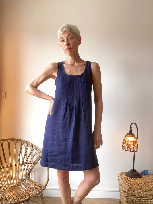 90s Pure Lin bleu-marine Robe minimaliste chic