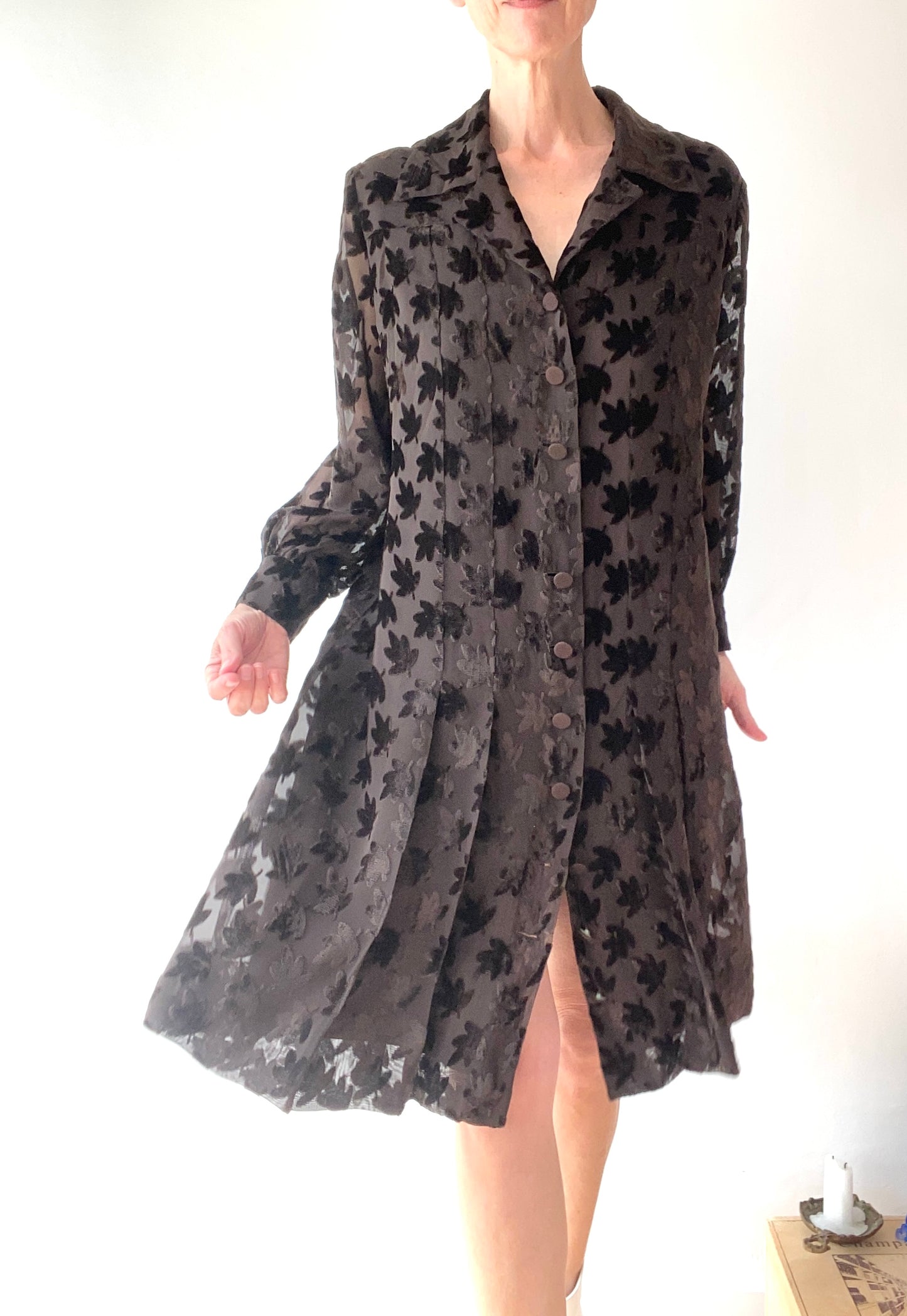 60s French Riviera Tailor made Devoured Velvet and Chiffon Silk Buttoned Dress