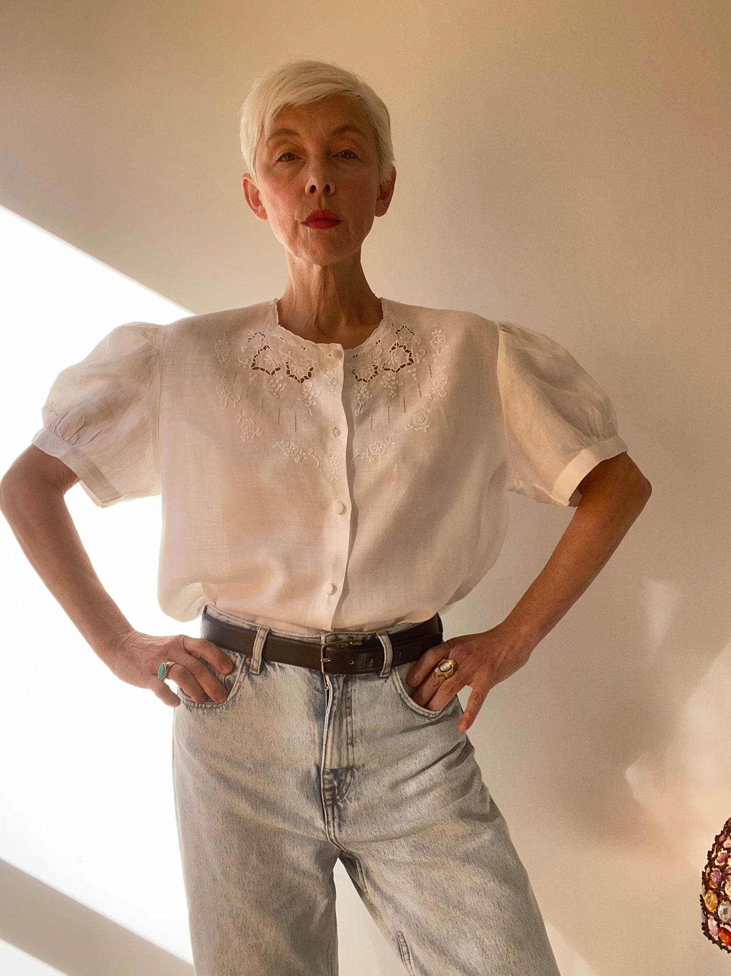 90s Hand Emroidered linen White Cloud Blouse