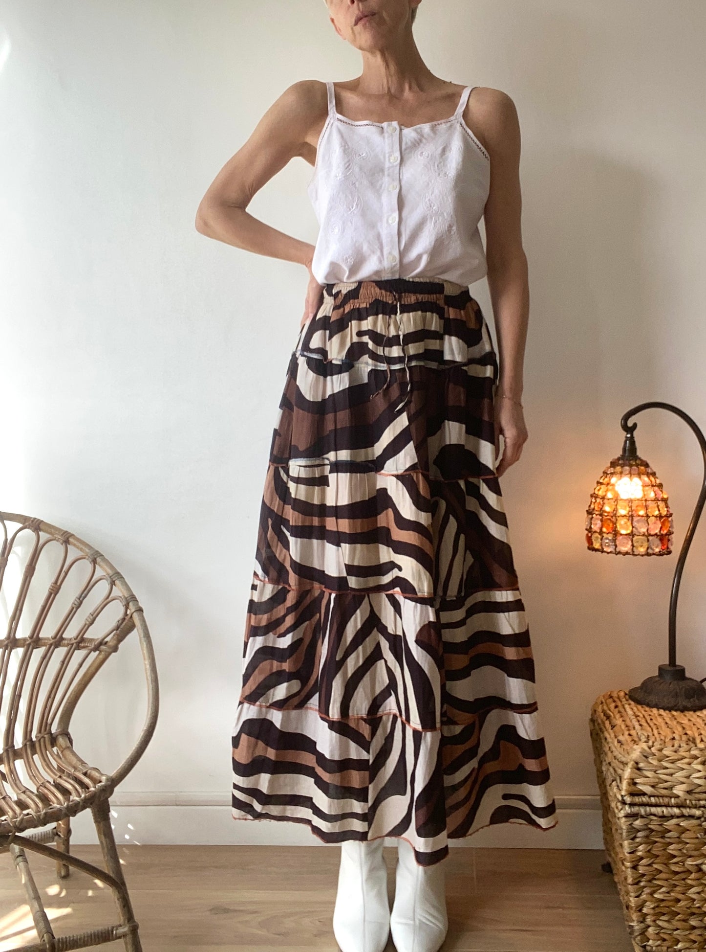 90s Zebra graphic Boho cotton maxi Skirt