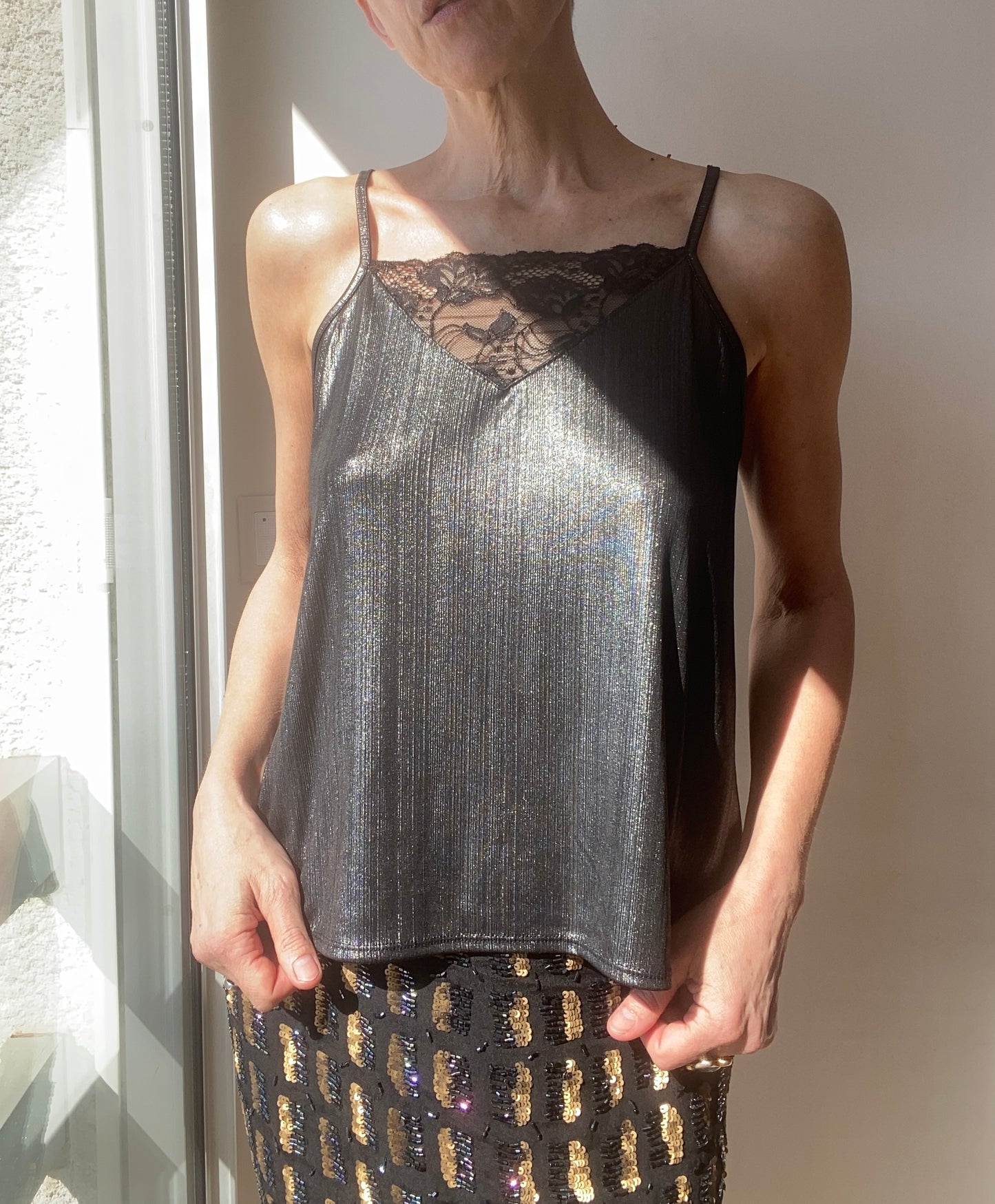 90s Charming Black silver Lace Romantic Camisole