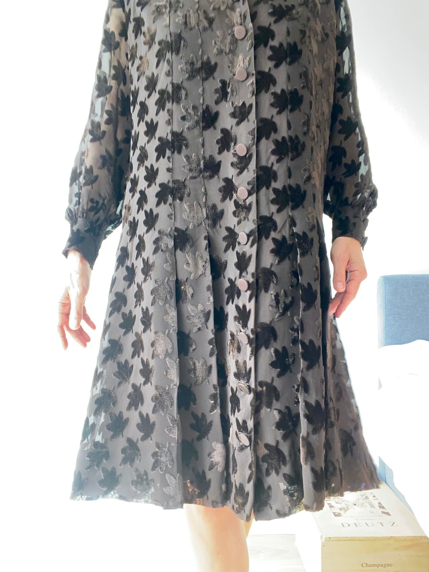 60s French Riviera Tailor made Devoured Velvet and Chiffon Silk Buttoned Dress