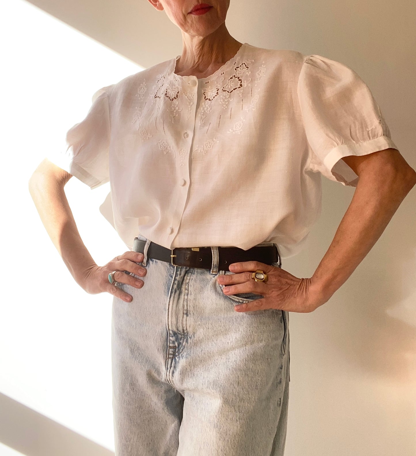 90s Hand Emroidered linen White Cloud Blouse