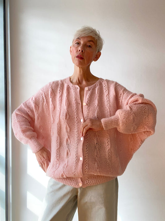 90s Mohair and Wool Baby Pink Hand knitted Cardigan