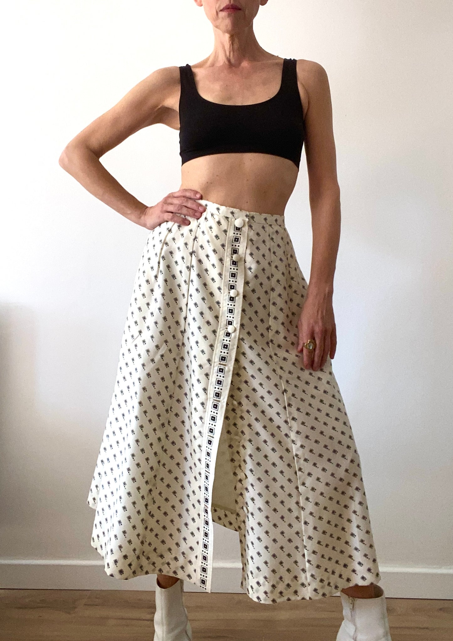 70s Designer Skirt Buttoned Front Graphic Print