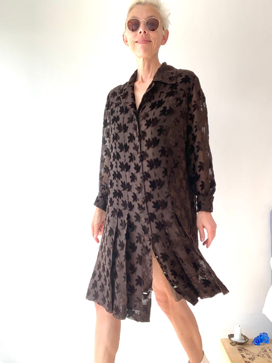 60s French Riviera Tailor made Devoured Velvet and Chiffon Silk Buttoned Dress