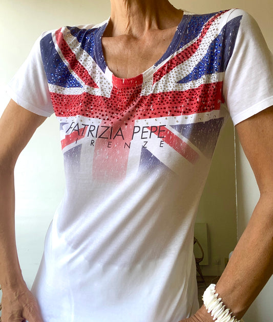Patrizia Pepe Rare! Tee-shirt Flag-T avec drapeaux d’Angleterre édition limitée d'il y a plus de 15 ans en faveur des orphelinats d'Haiti